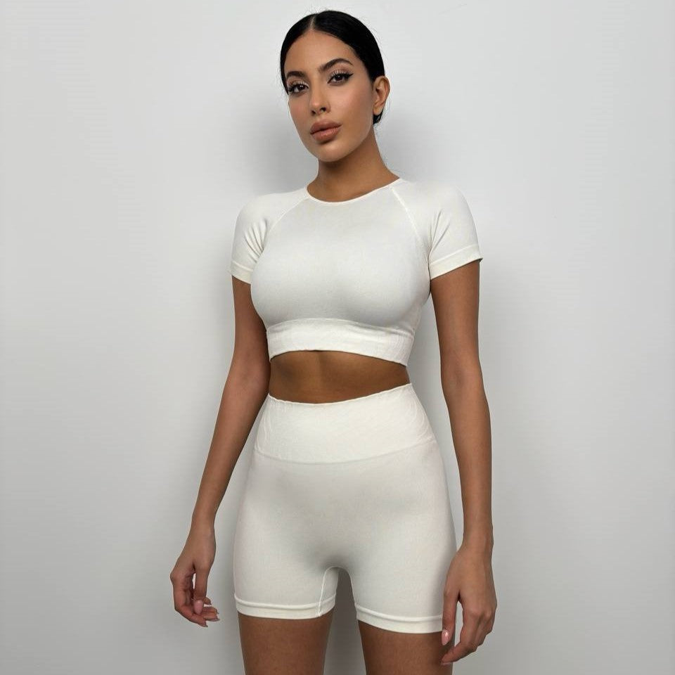 Half Sleeve Crop Cyclist Leggings Set (White)