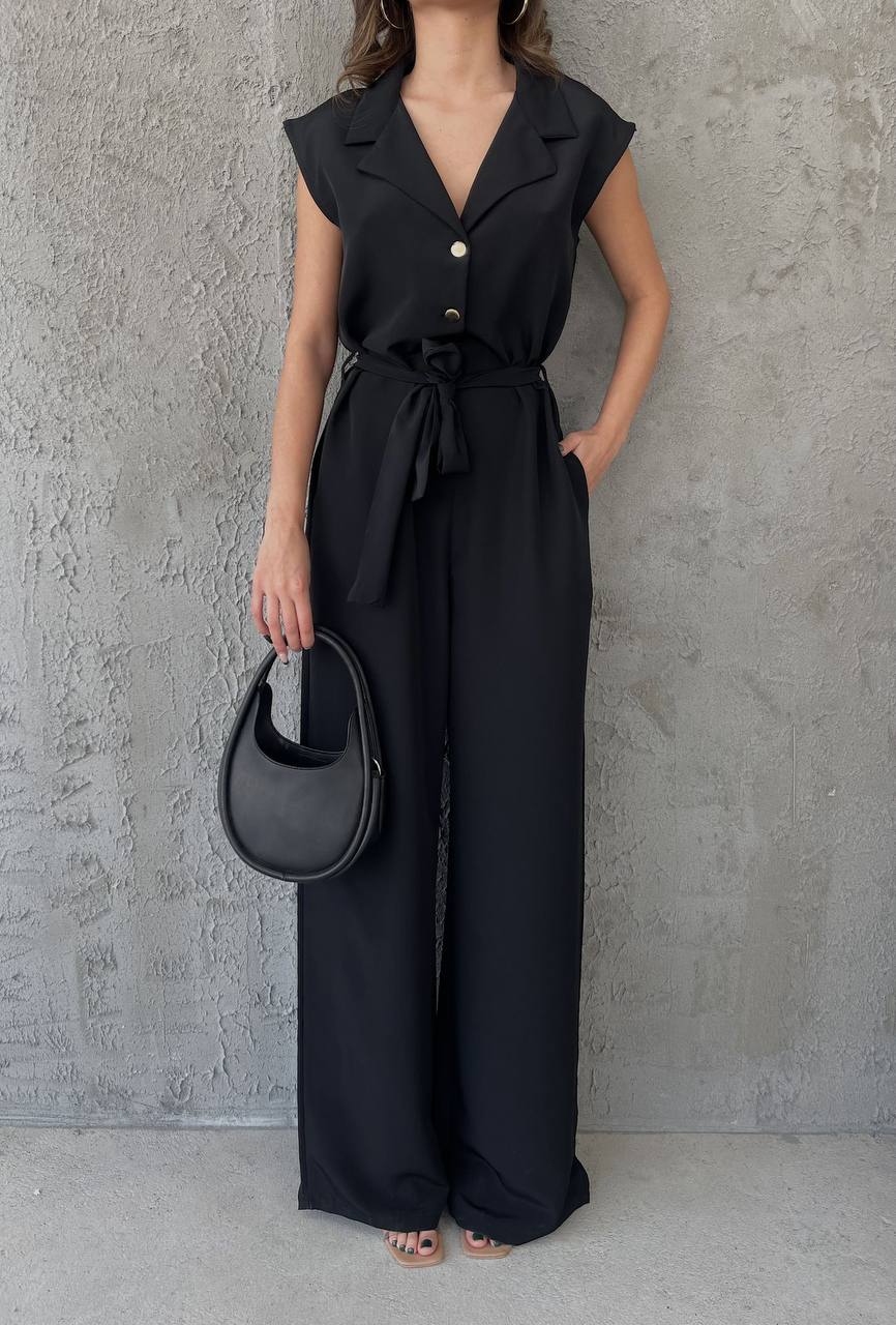 Button Front V Neck Jumpsuit, Elegant Sleeve Belted For Spring & Summer