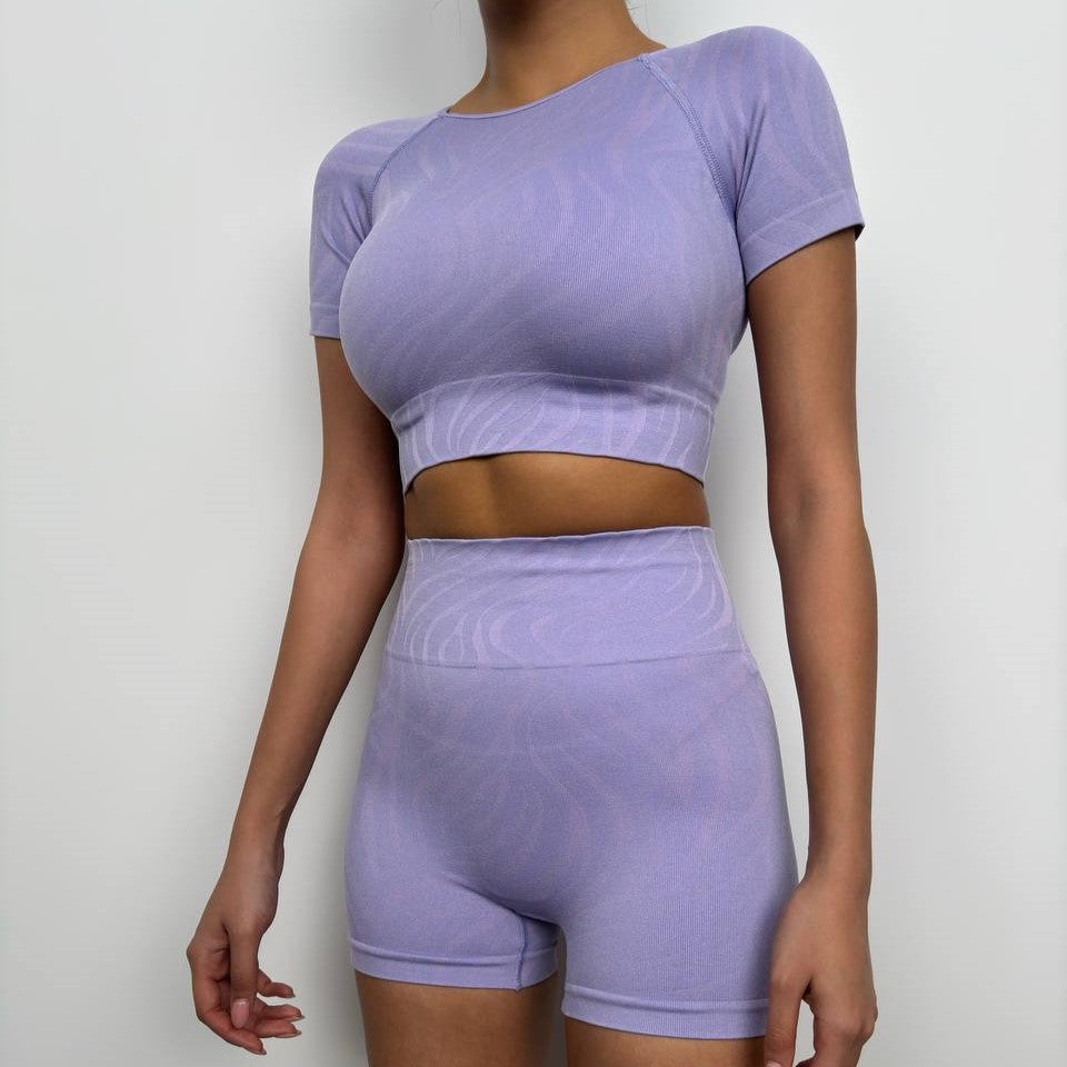 Half Sleeve Crop Cyclist Leggings Set (Purple)