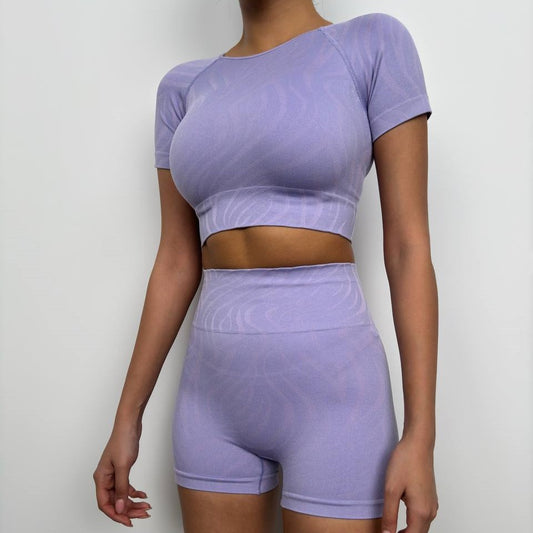 Half Sleeve Crop Cyclist Leggings Set (Purple)