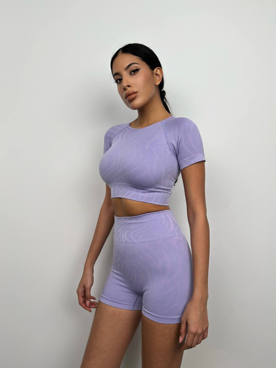 Half Sleeve Crop Cyclist Leggings Set (Purple)