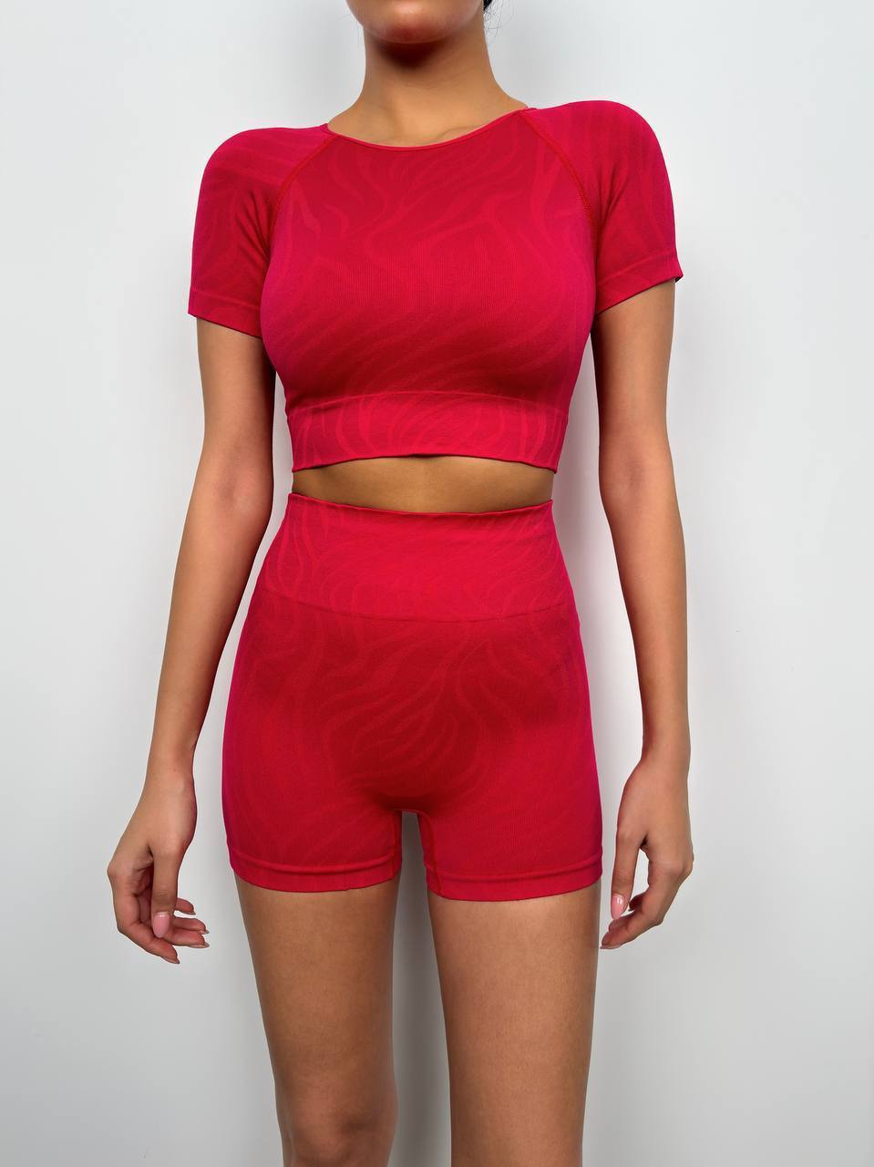 Half Sleeve Crop Cyclist Leggings Set (Red)