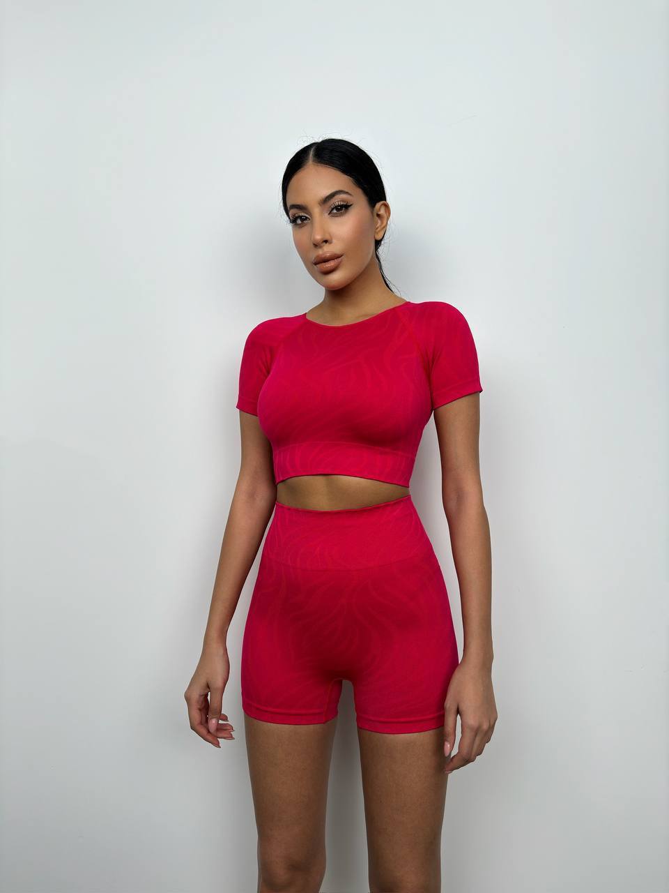 Half Sleeve Crop Cyclist Leggings Set (Red)