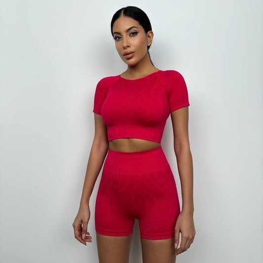 Half Sleeve Crop Cyclist Leggings Set (Red)