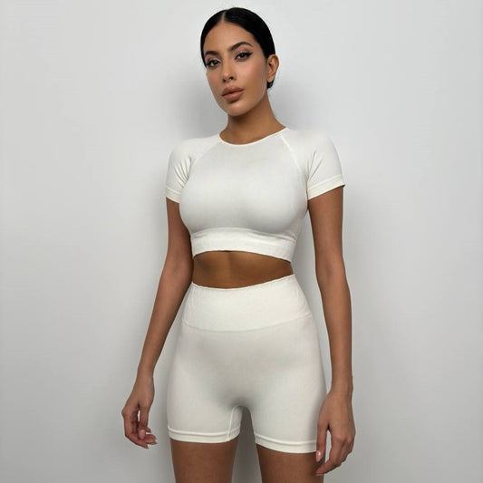 Half Sleeve Crop Cyclist Leggings Set (White)