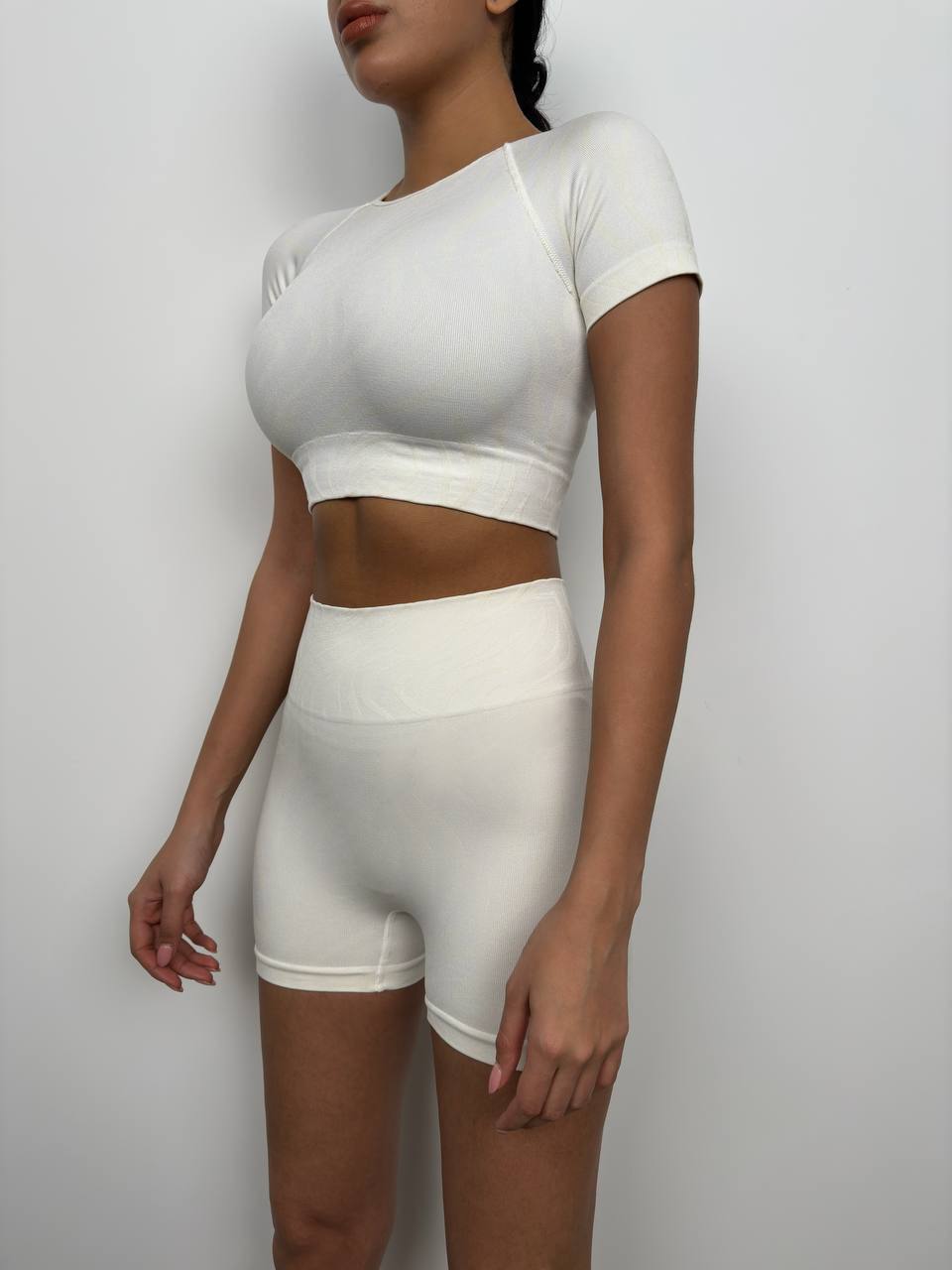 Half Sleeve Crop Cyclist Leggings Set (White)
