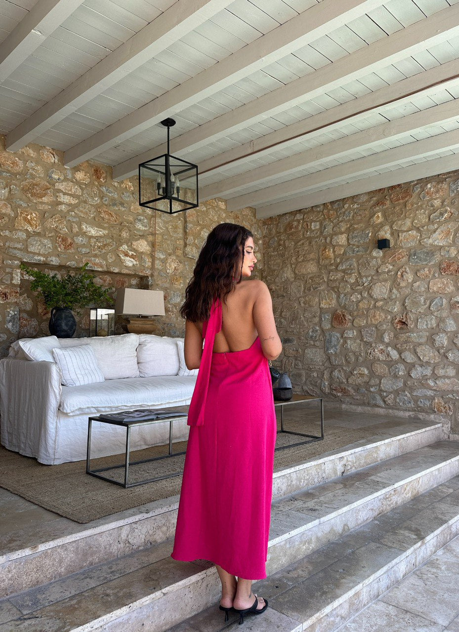 Hot Pink Detailed Draped Midi Dress