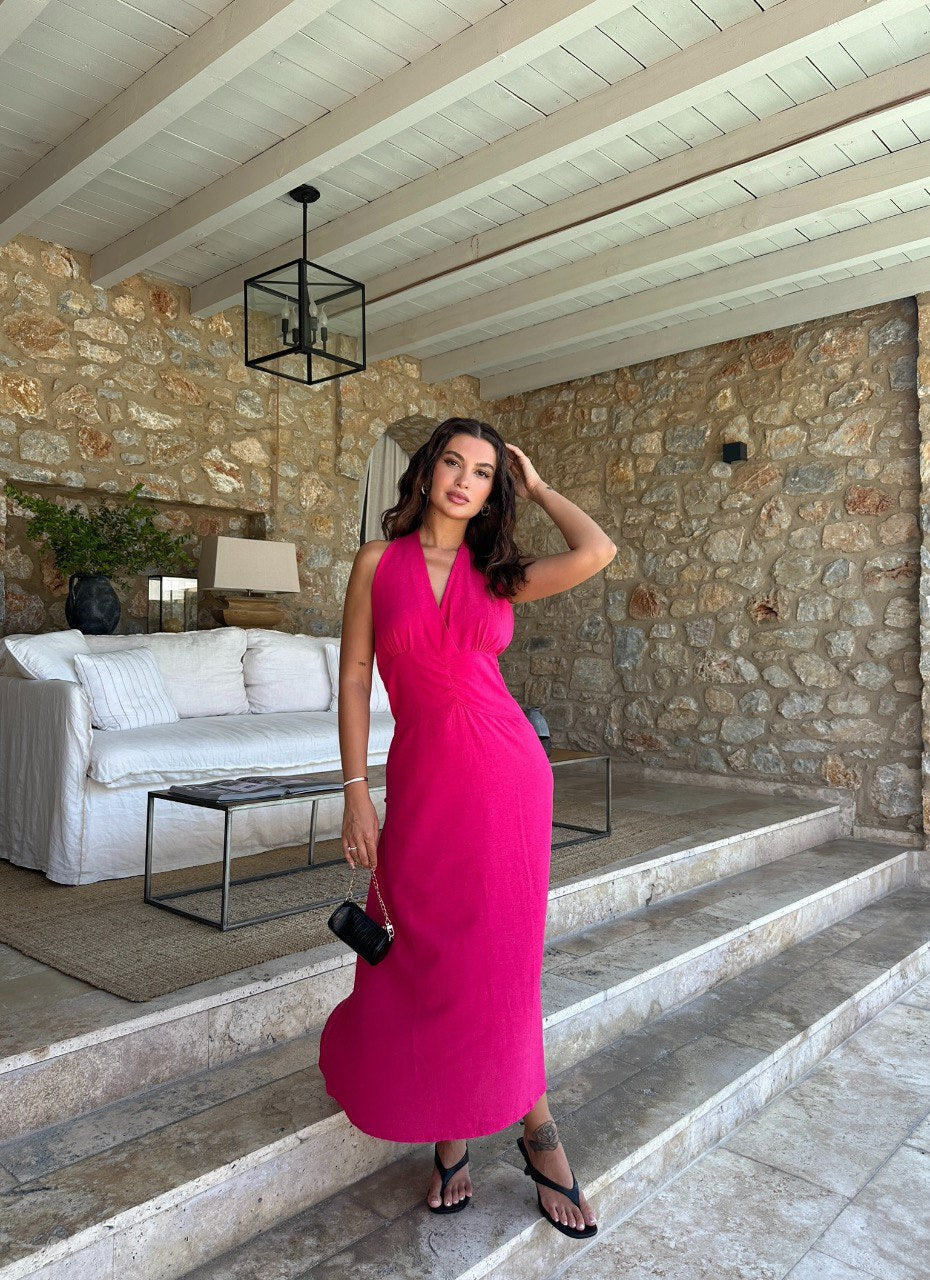 Hot Pink Detailed Draped Midi Dress