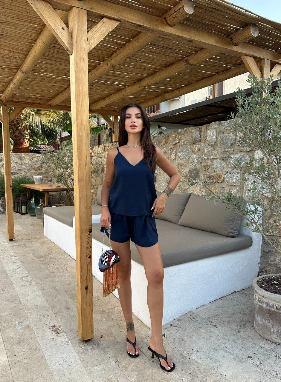 Linen Casual Two-Piece Set Summer Cut Sleeve Top and Shorts Outfits Solid Color