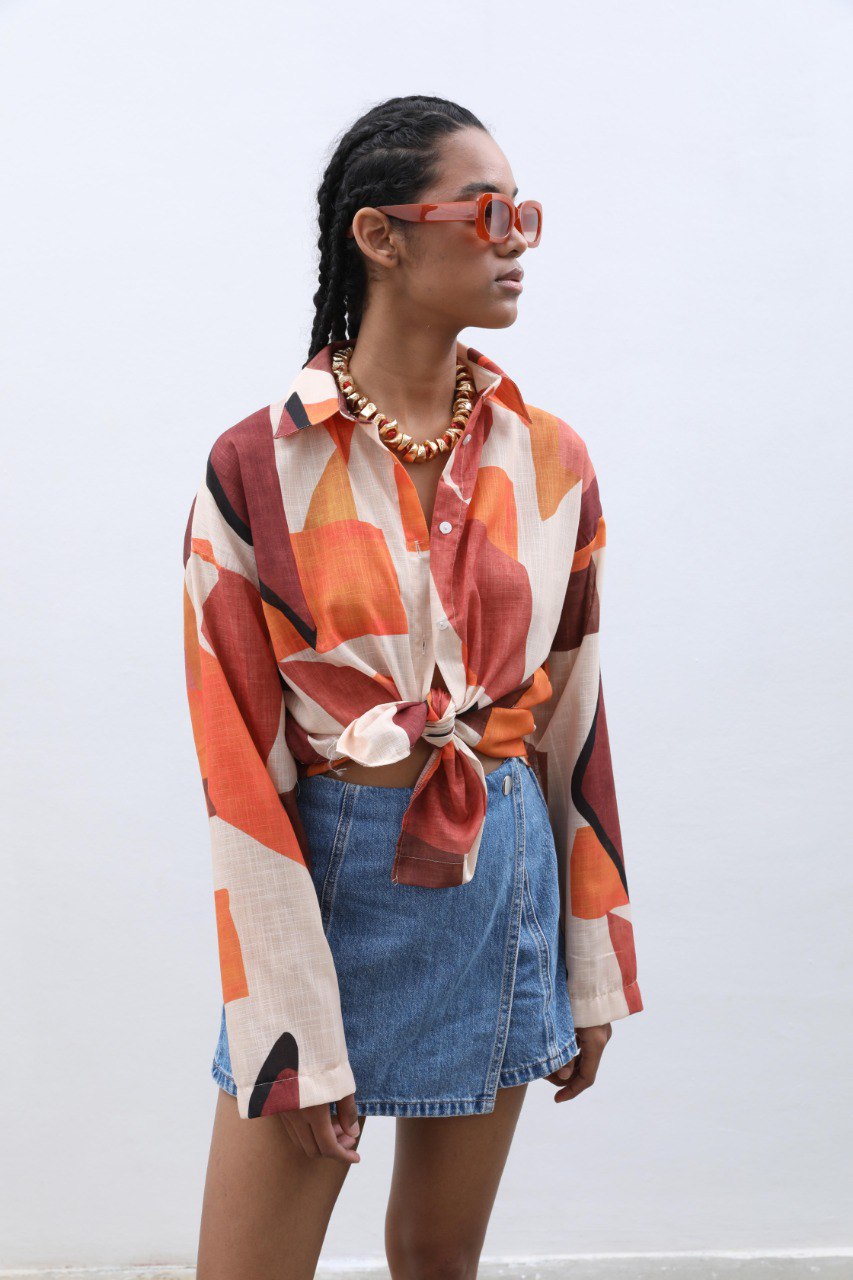 Linen Floaty Abstract-Pattern Shirt