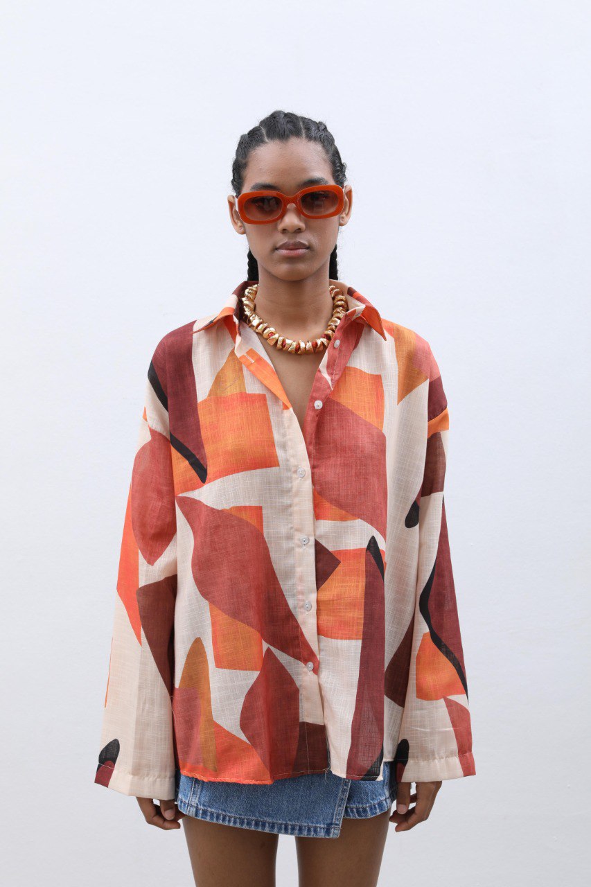 Linen Floaty Abstract-Pattern Shirt