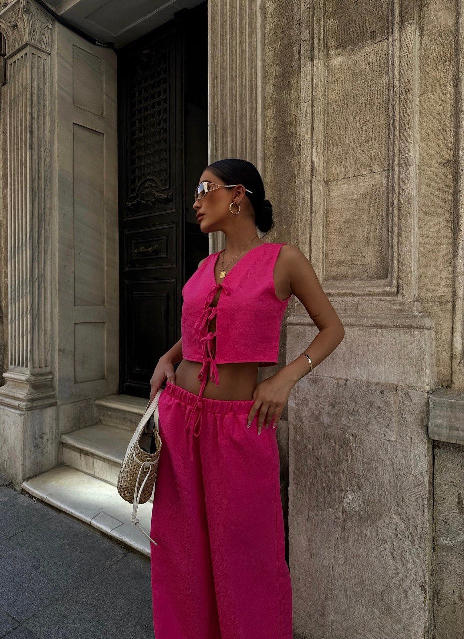 V Neck Sleeveless Waistcoat Crop Vest Set
