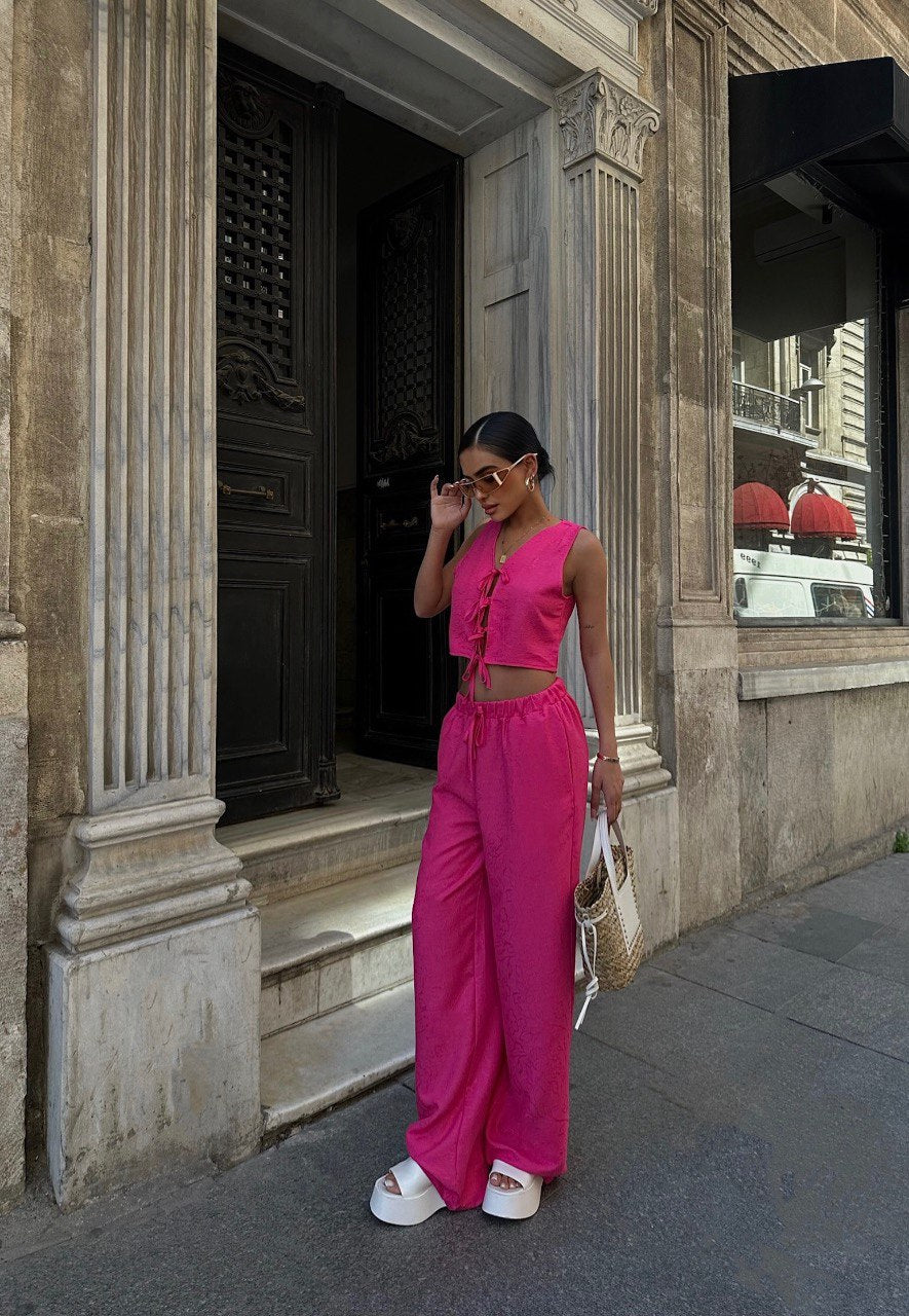 V Neck Sleeveless Waistcoat Crop Vest Set