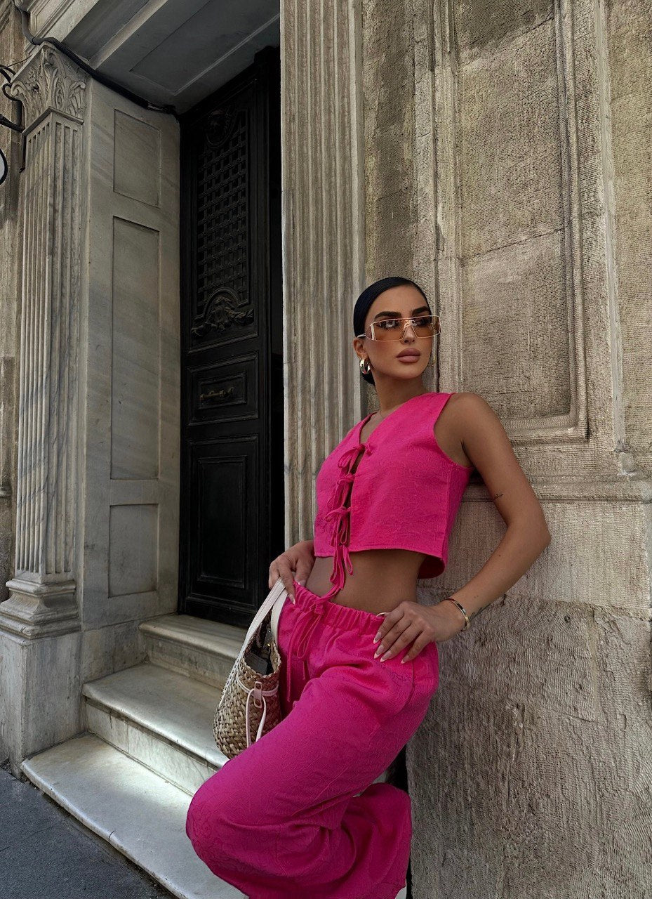 V Neck Sleeveless Waistcoat Crop Vest Set