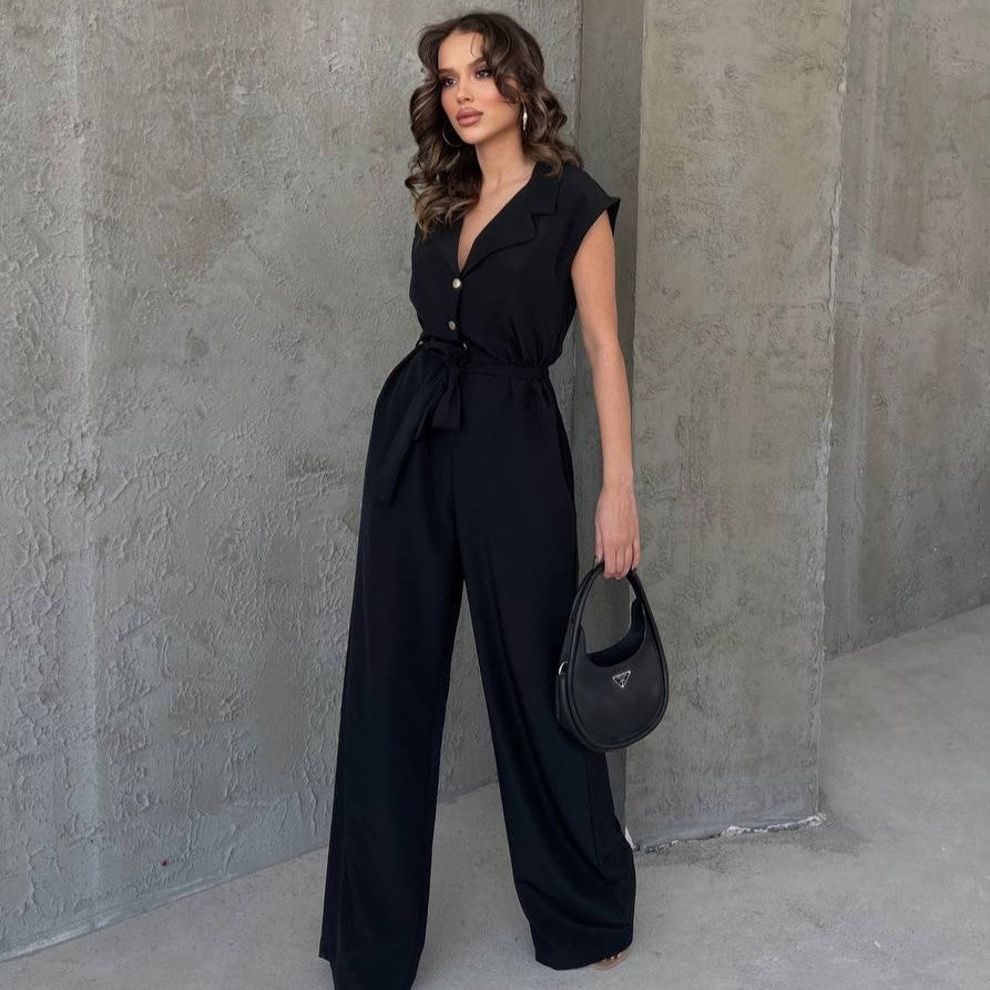 Button Front V Neck Jumpsuit, Elegant Sleeve Belted For Spring & Summer