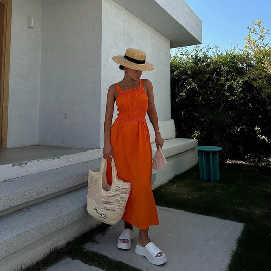 Boutique Orange Cotton Midi Dress