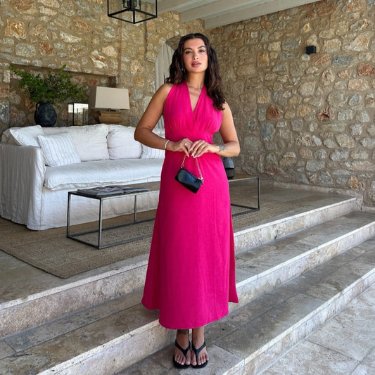 Hot Pink Detailed Draped Midi Dress