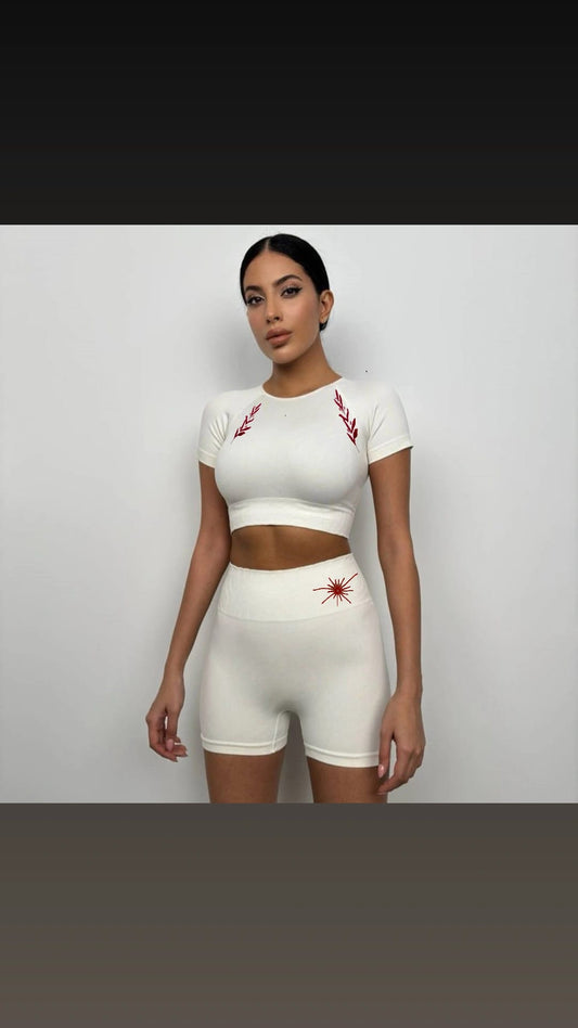 Half Sleeve Crop Cyclist Leggings Set (White)